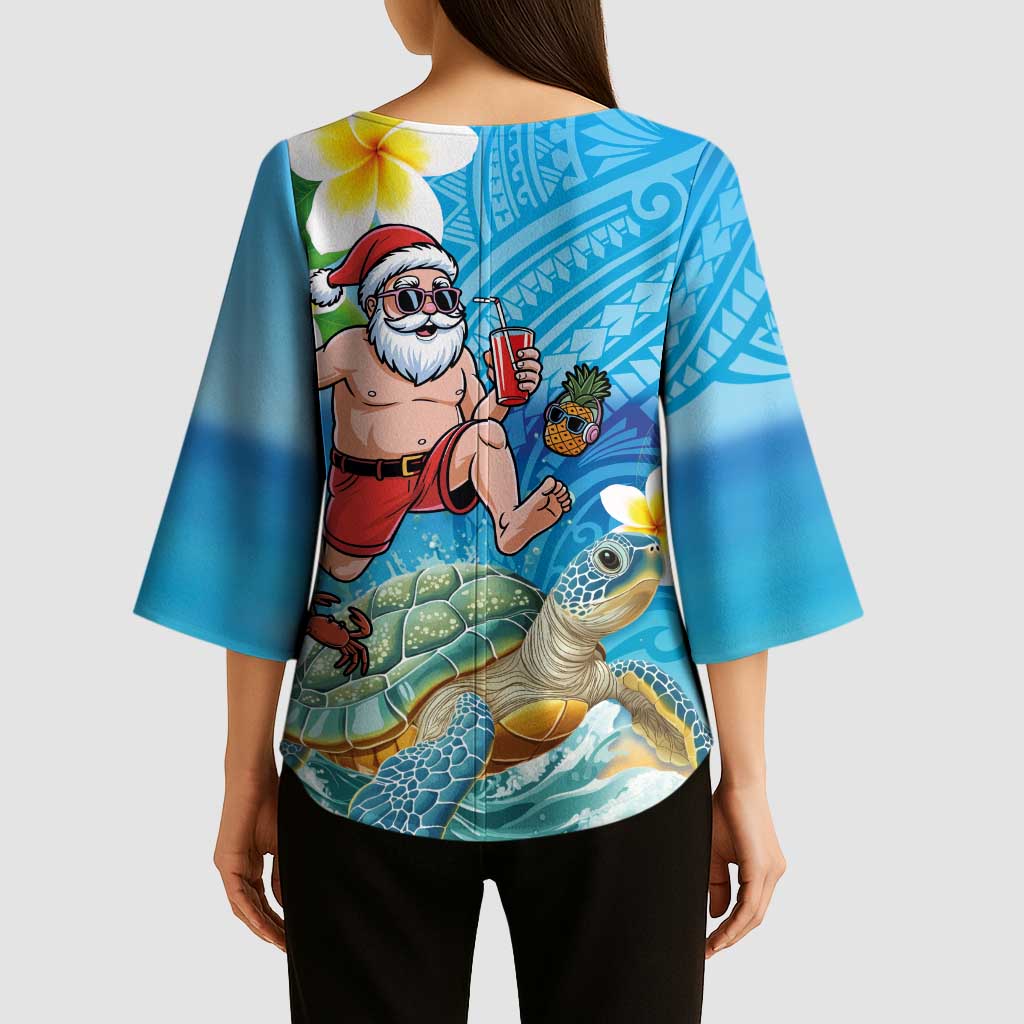 Polynesian Merry Christmas Kimono Sleeve Blouse Funny Santa with Sea Turtle Beach Plumeria - Polynesian Pride