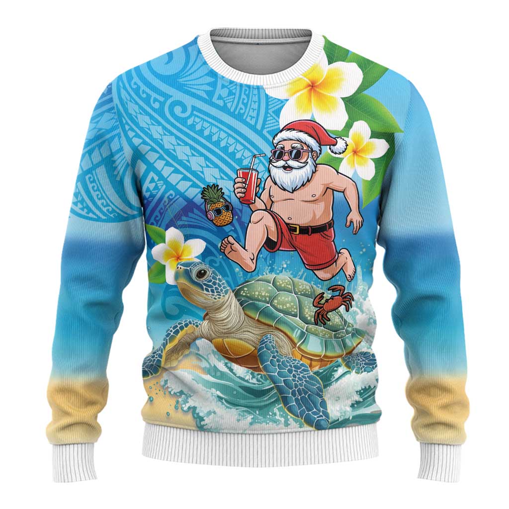 Polynesian Merry Christmas Ugly Christmas Sweater Funny Santa with Sea Turtle on Beach and Plumeria - Polynesian Pride