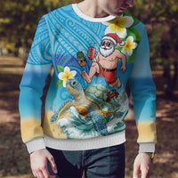 Polynesian Merry Christmas Ugly Christmas Sweater Funny Santa with Sea Turtle on Beach and Plumeria - Polynesian Pride