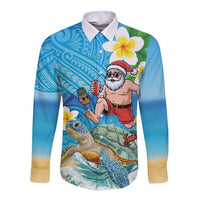 Polynesian Merry Christmas Long Sleeve Button Shirt Funny Santa with Sea Turtle Beach Plumeria - Polynesian Pride
