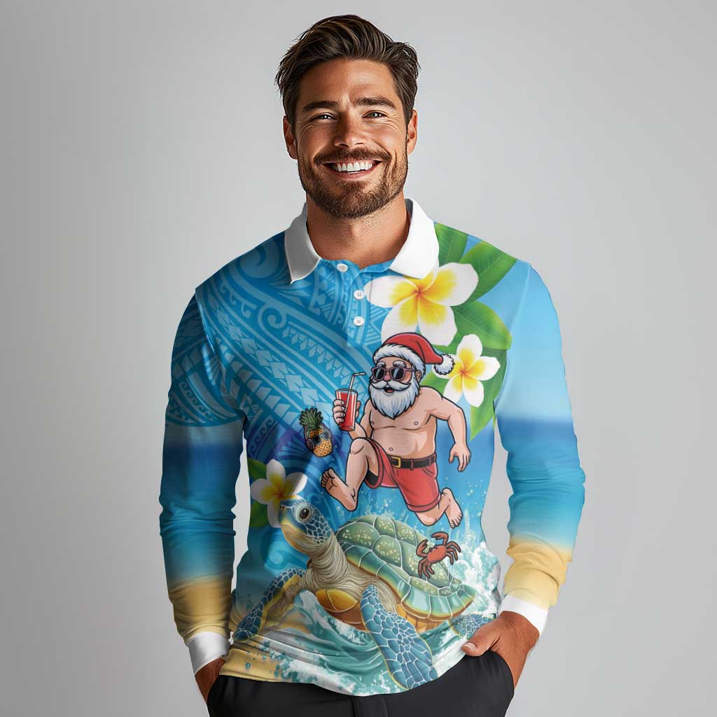 Polynesian Merry Christmas Long Sleeve Polo Shirt Funny Santa with Sea Turtle Beach Plumeria - Polynesian Pride