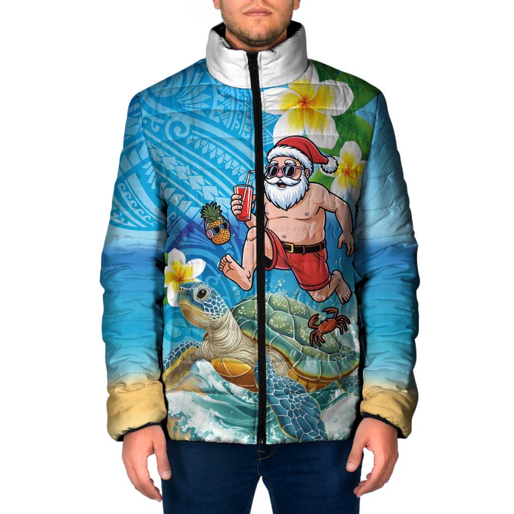 Polynesian Merry Christmas Padded Jacket Funny Santa with Sea Turtle Beach Plumeria - Polynesian Pride