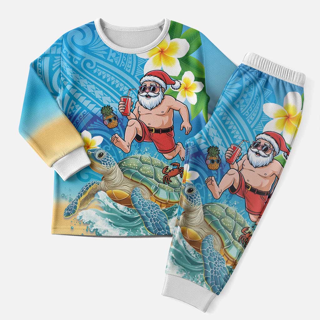 Polynesian Merry Christmas Pajama Set Funny Santa with Sea Turtle on Beach and Plumeria - Polynesian Pride
