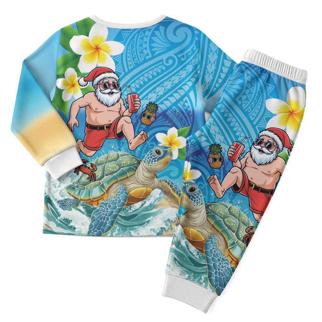 Polynesian Merry Christmas Pajama Set Funny Santa with Sea Turtle on Beach and Plumeria - Polynesian Pride