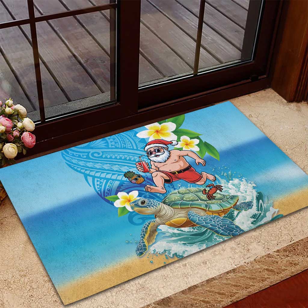 Polynesian Merry Christmas Rubber Doormat Funny Santa with Sea Turtle Beach Plumeria - Polynesian Pride