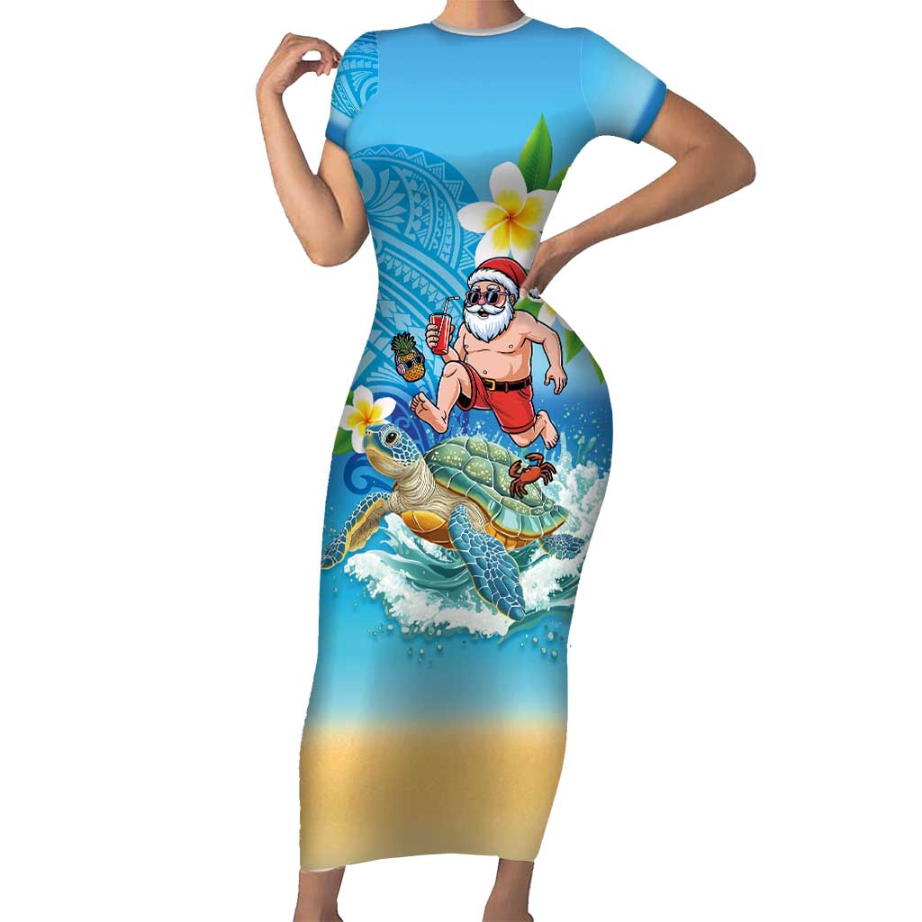 Polynesian Merry Christmas Short Sleeve Bodycon Dress Funny Santa with Sea Turtle Beach Plumeria - Polynesian Pride