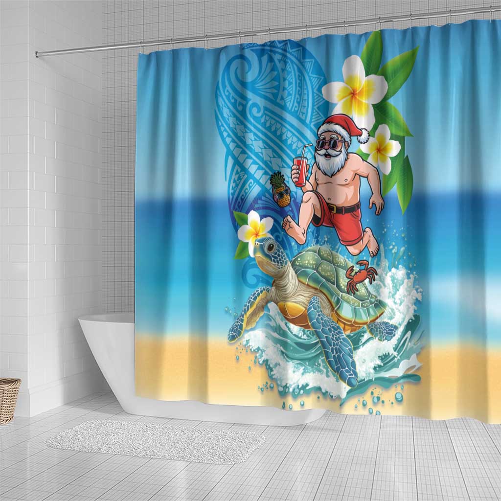Polynesian Merry Christmas Shower Curtain Funny Santa with Sea Turtle Beach Plumeria - Polynesian Pride
