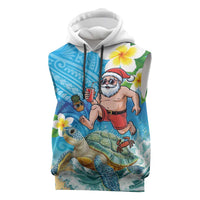Polynesian Merry Christmas Sleeveless Hoodie Funny Santa with Sea Turtle Beach Plumeria - Polynesian Pride