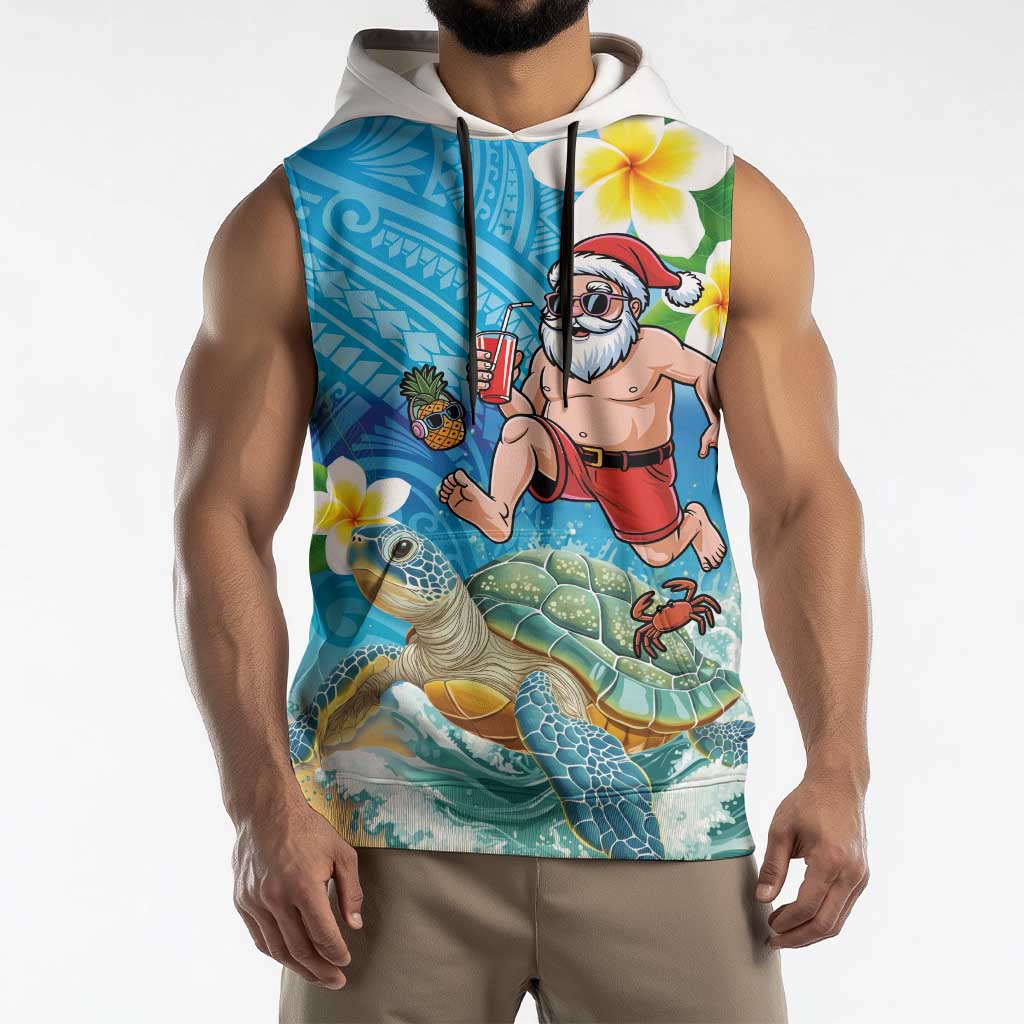 Polynesian Merry Christmas Sleeveless Hoodie Funny Santa with Sea Turtle Beach Plumeria - Polynesian Pride