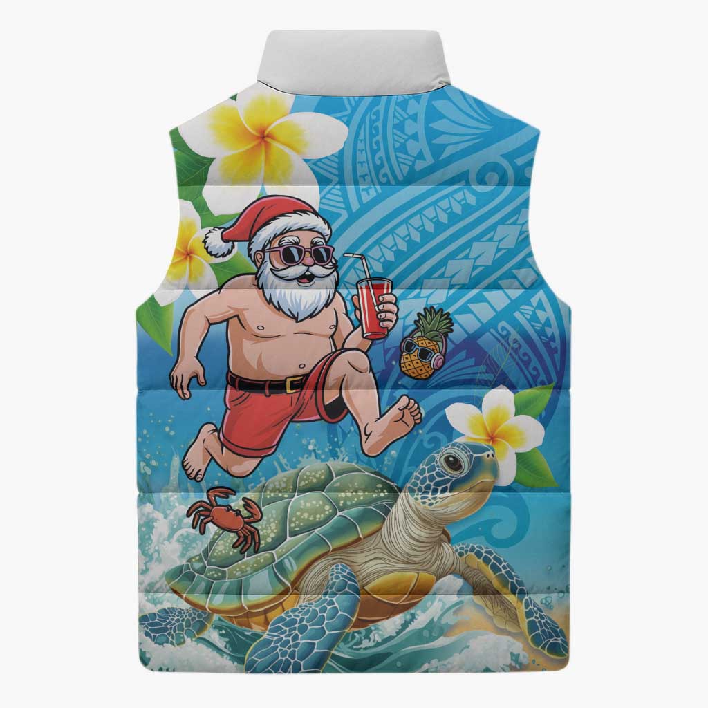 Polynesian Merry Christmas Sleeveless Puffer Jacket Funny Santa with Sea Turtle Beach Plumeria - Polynesian Pride