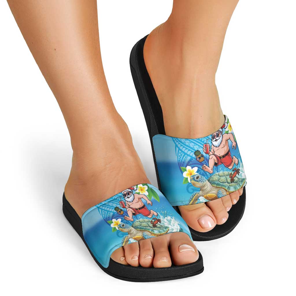 Polynesian Merry Christmas Slide Sandals Funny Santa with Sea Turtle Beach Plumeria - Polynesian Pride