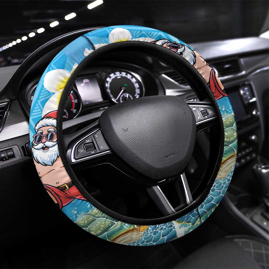 Polynesian Merry Christmas Steering Wheel Cover Funny Santa with Sea Turtle Beach Plumeria - Polynesian Pride