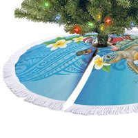 Polynesian Merry Christmas Tree Skirt Funny Santa with Sea Turtle on Beach and Plumeria - Polynesian Pride