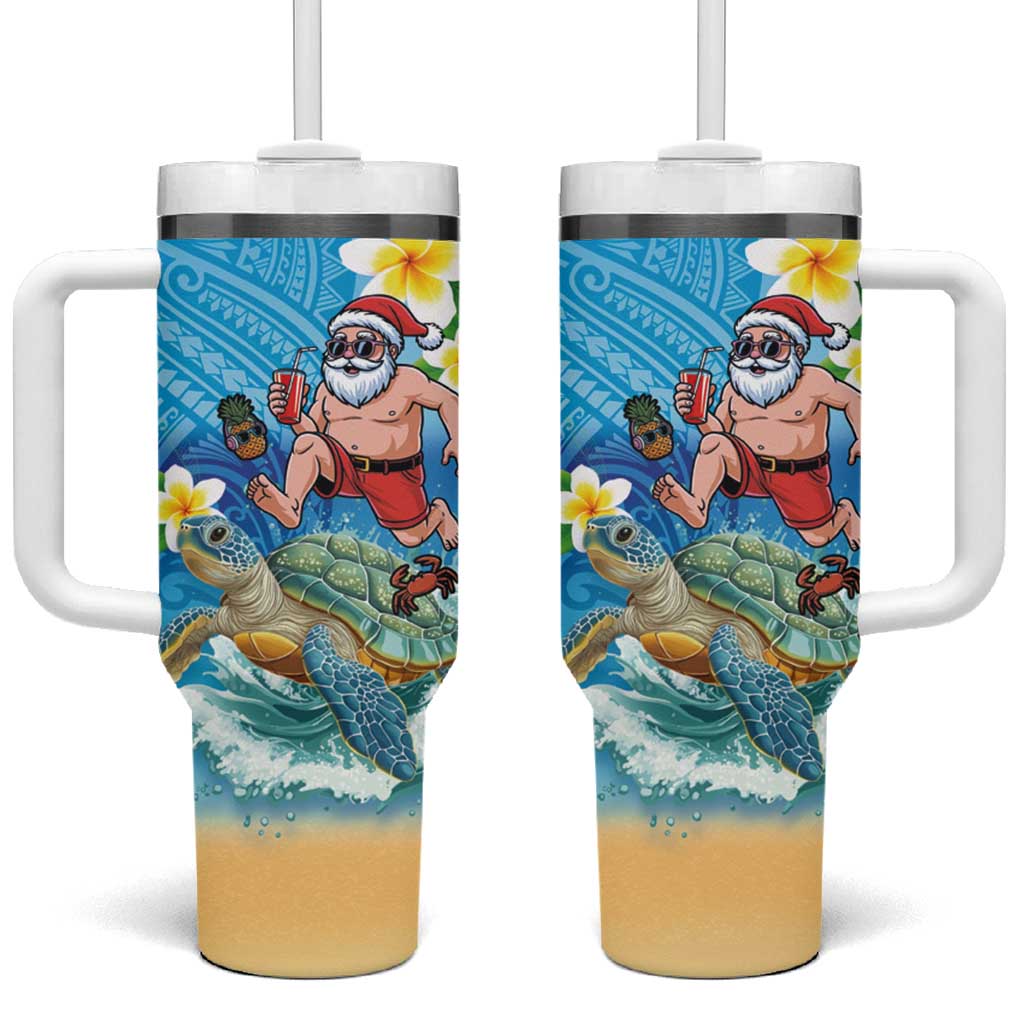 Polynesian Merry Christmas Tumbler With Handle Funny Santa with Sea Turtle Beach Plumeria - Polynesian Pride