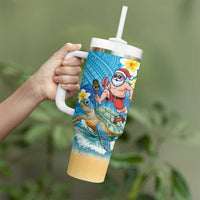 Polynesian Merry Christmas Tumbler With Handle Funny Santa with Sea Turtle Beach Plumeria - Polynesian Pride