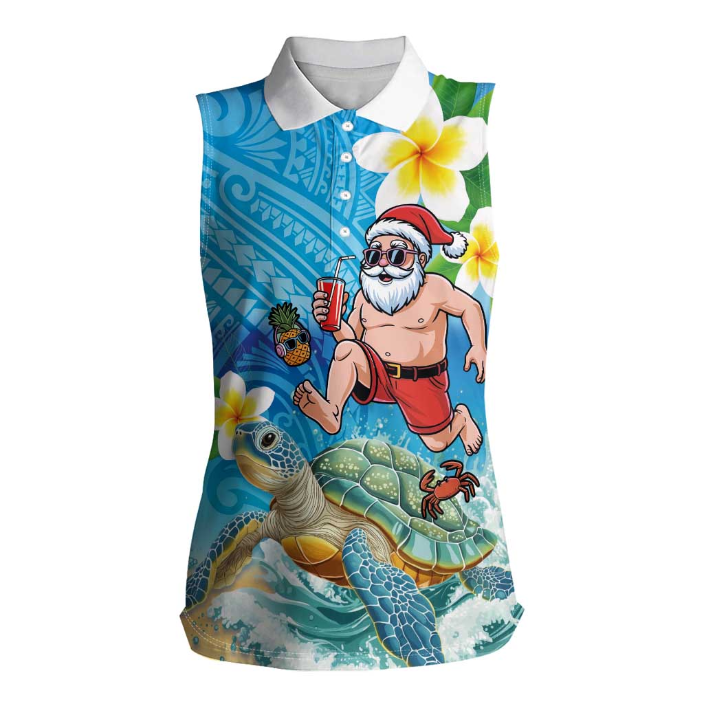 Polynesian Merry Christmas Women Sleeveless Polo Shirt Funny Santa with Sea Turtle Beach Plumeria - Polynesian Pride