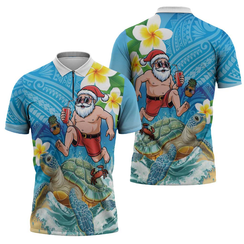 Polynesian Merry Christmas Zipper Polo Shirt Funny Santa with Sea Turtle Beach Plumeria - Polynesian Pride