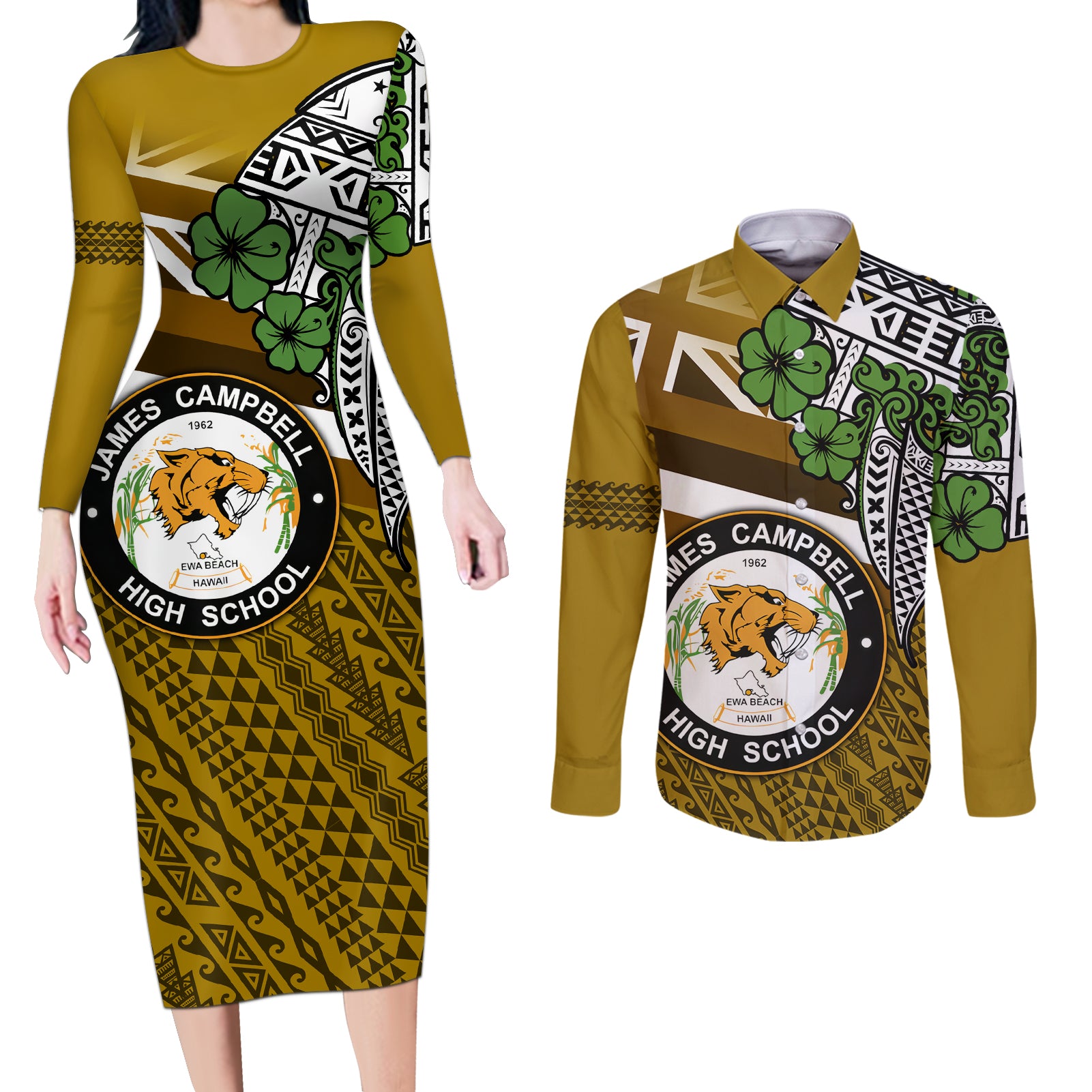 Hawaii James Campbell High School Couples Matching Long Sleeve Bodycon Dress and Long Sleeve Button Shirt Kakau Pattern Gold Color Version LT03 Gold - Polynesian Pride