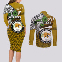 Hawaii James Campbell High School Couples Matching Long Sleeve Bodycon Dress and Long Sleeve Button Shirt Kakau Pattern Gold Color Version LT03 - Polynesian Pride
