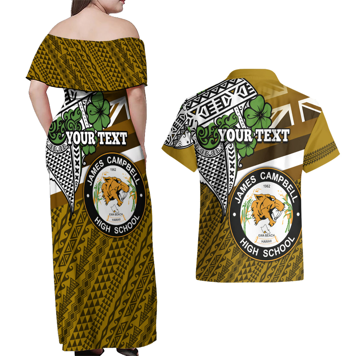 Hawaii James Campbell High School Couples Matching Off Shoulder Maxi Dress and Hawaiian Shirt Kakau Pattern Gold Color Version LT03 - Polynesian Pride