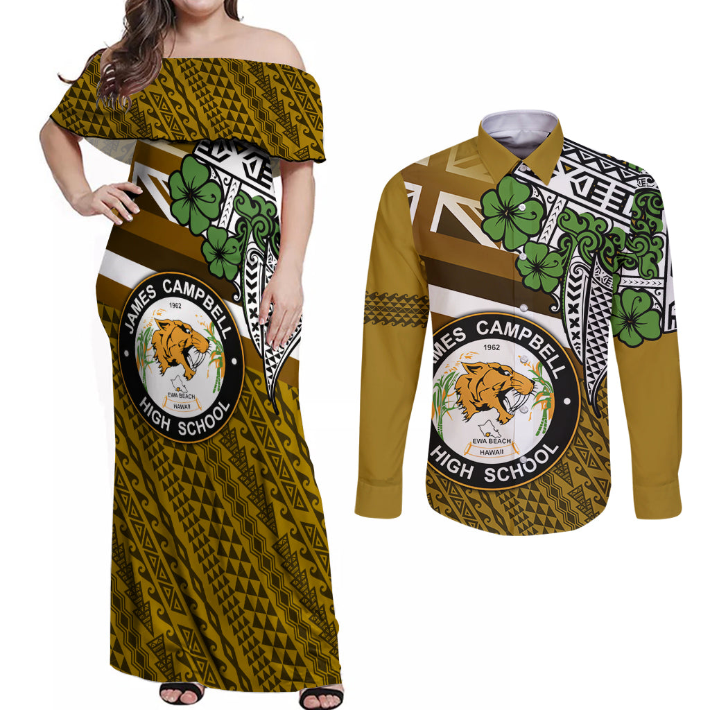 Hawaii James Campbell High School Couples Matching Off Shoulder Maxi Dress and Long Sleeve Button Shirt Kakau Pattern Gold Color Version LT03 Gold - Polynesian Pride