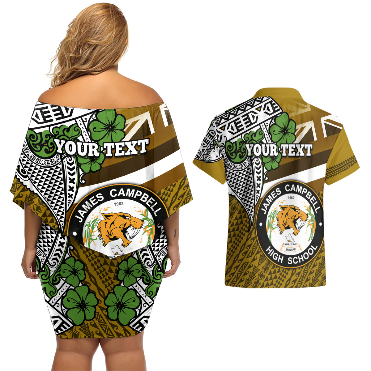 Hawaii James Campbell High School Couples Matching Off Shoulder Short Dress and Hawaiian Shirt Kakau Pattern Gold Color Version LT03 - Polynesian Pride
