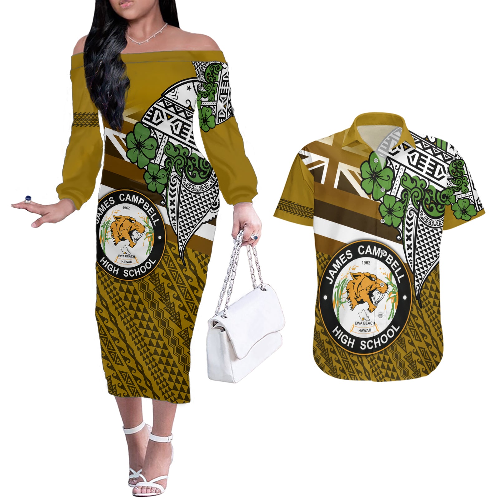 Hawaii James Campbell High School Couples Matching Off The Shoulder Long Sleeve Dress and Hawaiian Shirt Kakau Pattern Gold Color Version LT03 Gold - Polynesian Pride