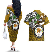 Hawaii James Campbell High School Couples Matching Off The Shoulder Long Sleeve Dress and Hawaiian Shirt Kakau Pattern Gold Color Version LT03 - Polynesian Pride