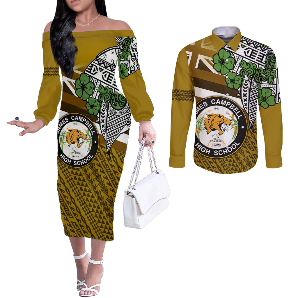 Hawaii James Campbell High School Couples Matching Off The Shoulder Long Sleeve Dress and Long Sleeve Button Shirt Kakau Pattern Gold Color Version LT03 Gold - Polynesian Pride