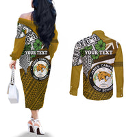 Hawaii James Campbell High School Couples Matching Off The Shoulder Long Sleeve Dress and Long Sleeve Button Shirt Kakau Pattern Gold Color Version LT03 - Polynesian Pride
