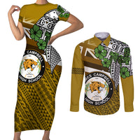 Hawaii James Campbell High School Couples Matching Short Sleeve Bodycon Dress and Long Sleeve Button Shirt Kakau Pattern Gold Color Version LT03 Gold - Polynesian Pride