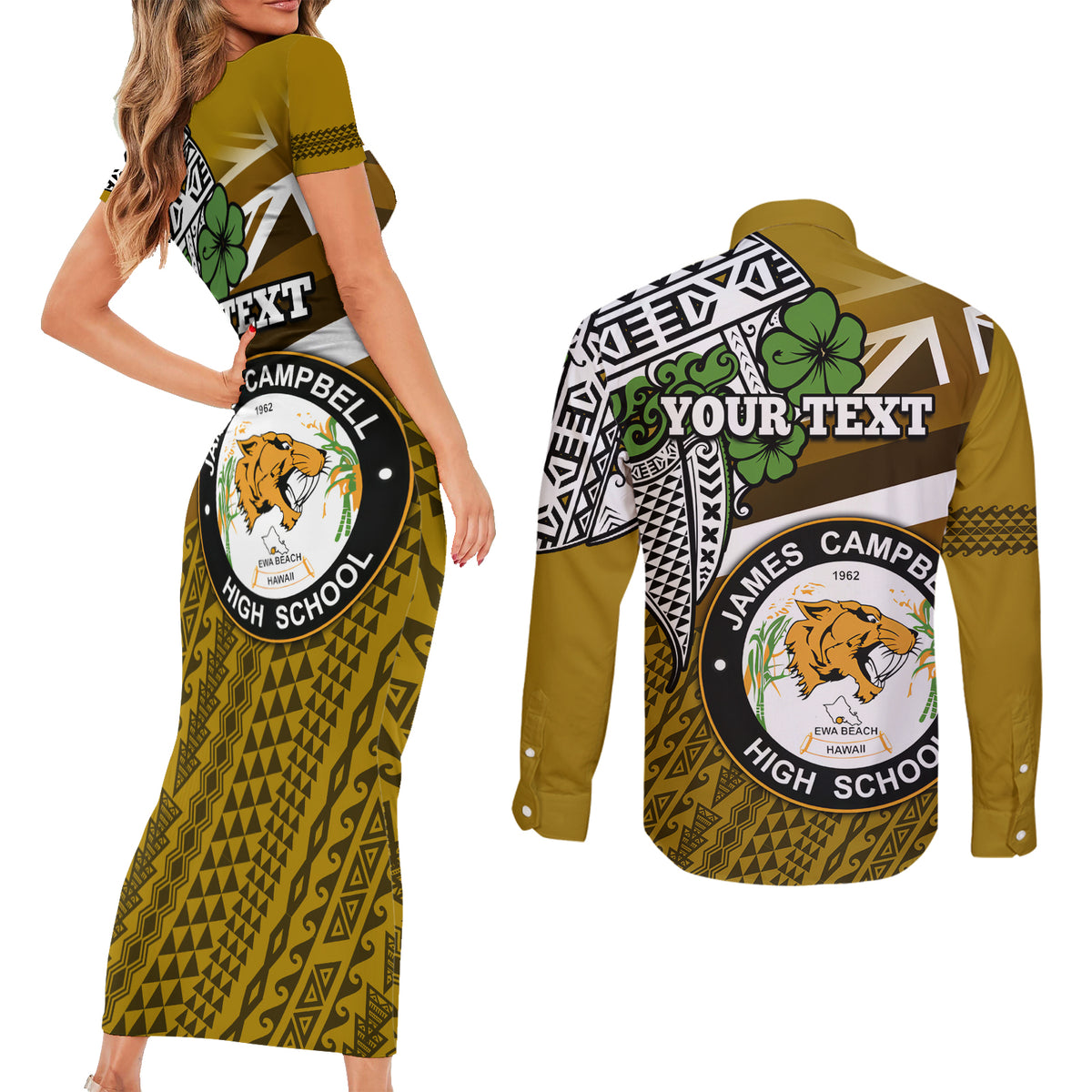 Hawaii James Campbell High School Couples Matching Short Sleeve Bodycon Dress and Long Sleeve Button Shirt Kakau Pattern Gold Color Version LT03 - Polynesian Pride