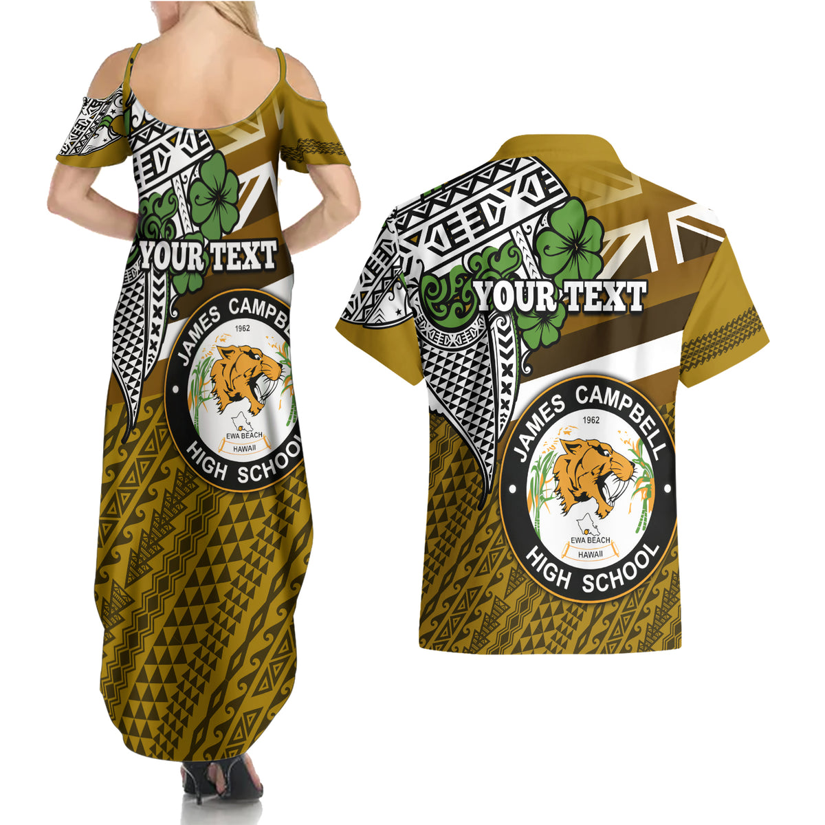 Hawaii James Campbell High School Couples Matching Summer Maxi Dress and Hawaiian Shirt Kakau Pattern Gold Color Version LT03 - Polynesian Pride