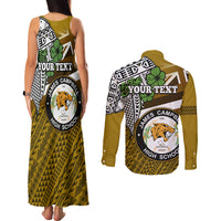 Hawaii James Campbell High School Couples Matching Tank Maxi Dress and Long Sleeve Button Shirt Kakau Pattern Gold Color Version LT03 - Polynesian Pride