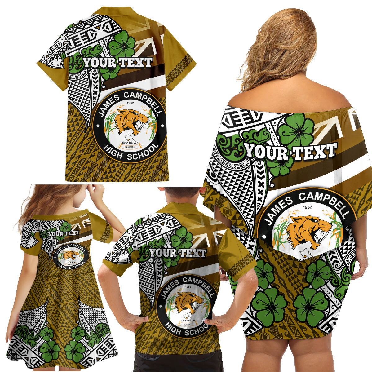 Hawaii James Campbell High School Family Matching Off Shoulder Short Dress and Hawaiian Shirt Kakau Pattern Gold Color Version LT03 - Polynesian Pride