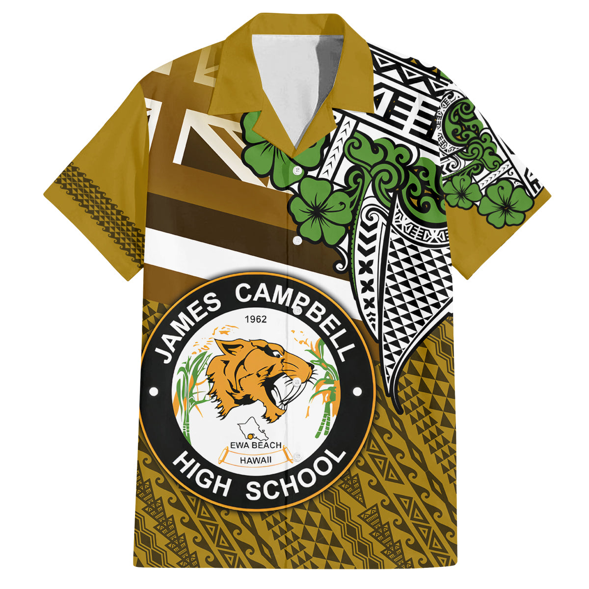Hawaii James Campbell High School Family Matching Puletasi Dress and Hawaiian Shirt Kakau Pattern Gold Color Version LT03 Dad's Shirt - Short Sleeve Gold - Polynesian Pride