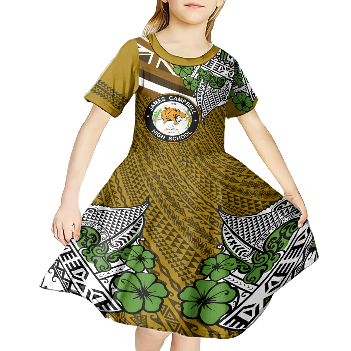 Hawaii James Campbell High School Kid Short Sleeve Dress Kakau Pattern Gold Color Version LT03 - Polynesian Pride
