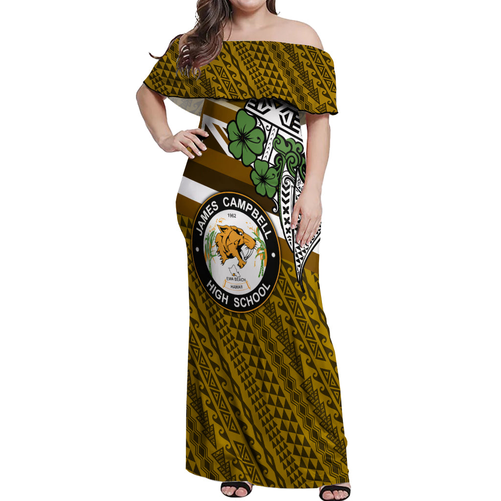 Hawaii James Campbell High School Off Shoulder Maxi Dress Kakau Pattern Gold Color Version LT03 Women Gold - Polynesian Pride