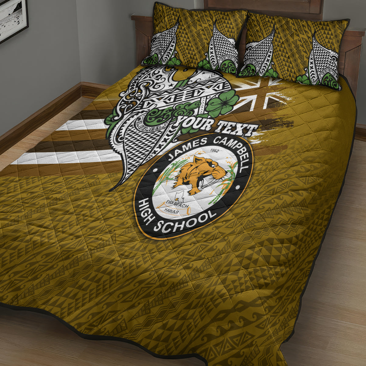 Hawaii James Campbell High School Quilt Bed Set Kakau Pattern Gold Color Version LT03 - Polynesian Pride