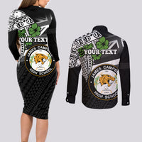 Hawaii James Campbell High School Couples Matching Long Sleeve Bodycon Dress and Long Sleeve Button Shirt Kakau Pattern Black Version LT03 - Polynesian Pride