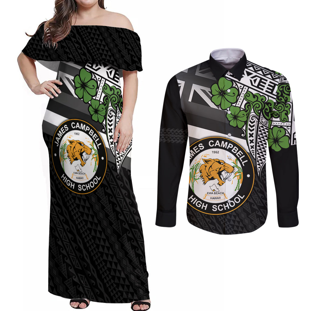 Hawaii James Campbell High School Couples Matching Off Shoulder Maxi Dress and Long Sleeve Button Shirt Kakau Pattern Black Version LT03 Black - Polynesian Pride