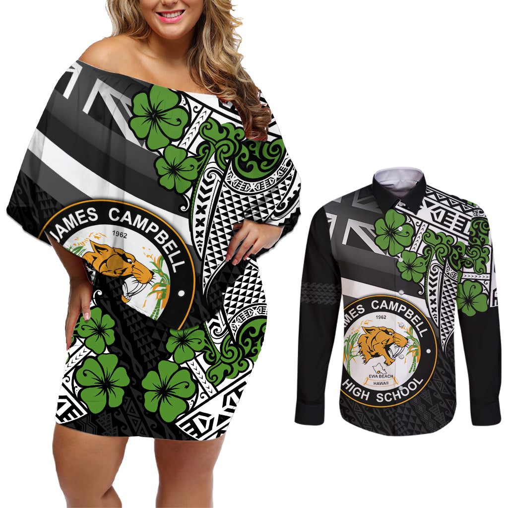 Hawaii James Campbell High School Couples Matching Off Shoulder Short Dress and Long Sleeve Button Shirt Kakau Pattern Black Version LT03 Black - Polynesian Pride