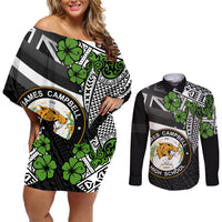 Hawaii James Campbell High School Couples Matching Off Shoulder Short Dress and Long Sleeve Button Shirt Kakau Pattern Black Version LT03 Black - Polynesian Pride