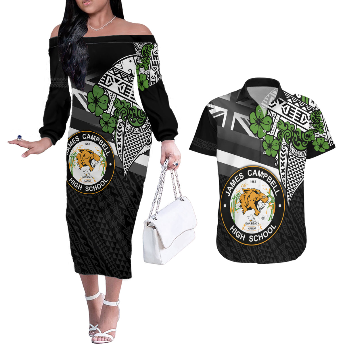Hawaii James Campbell High School Couples Matching Off The Shoulder Long Sleeve Dress and Hawaiian Shirt Kakau Pattern Black Version LT03 Black - Polynesian Pride