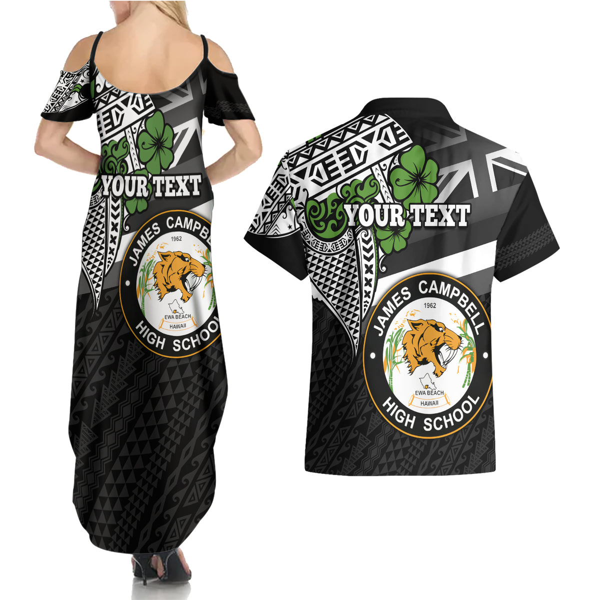 Hawaii James Campbell High School Couples Matching Summer Maxi Dress and Hawaiian Shirt Kakau Pattern Black Version LT03 - Polynesian Pride