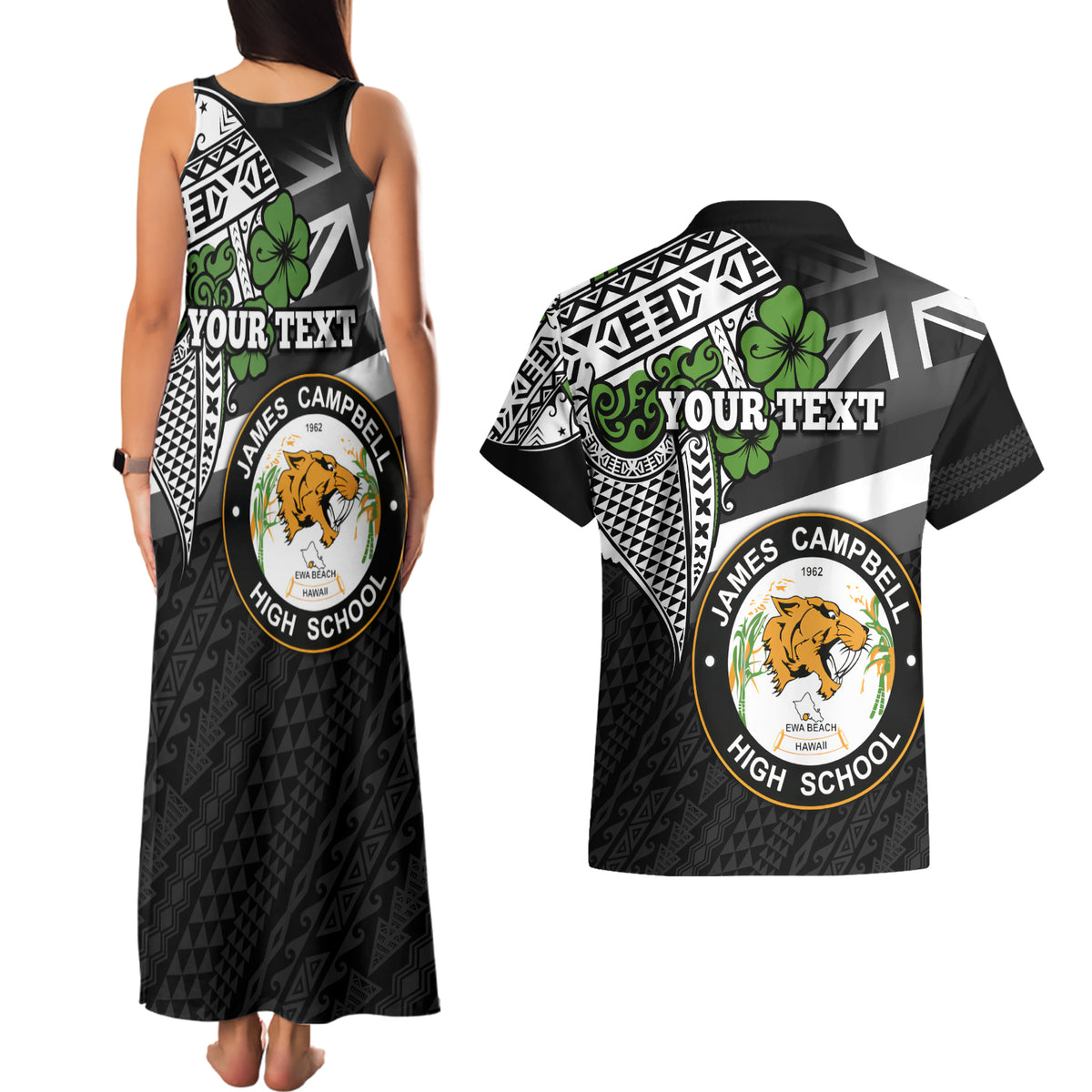 Hawaii James Campbell High School Couples Matching Tank Maxi Dress and Hawaiian Shirt Kakau Pattern Black Version LT03 - Polynesian Pride