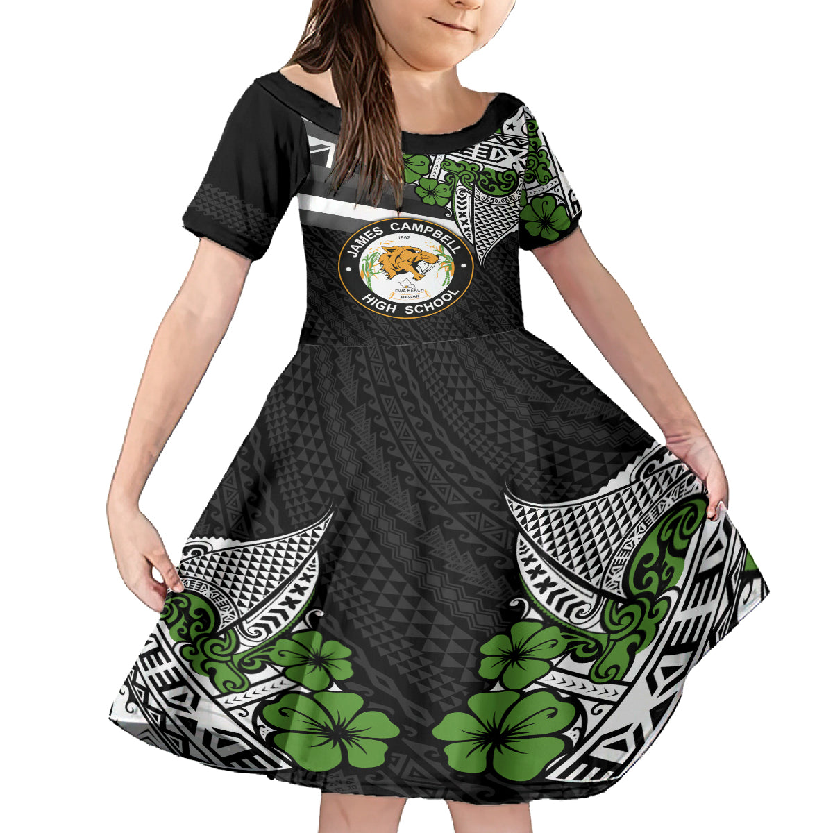 Hawaii James Campbell High School Family Matching Off Shoulder Maxi Dress and Hawaiian Shirt Kakau Pattern Black Version LT03 Daughter's Dress Black - Polynesian Pride