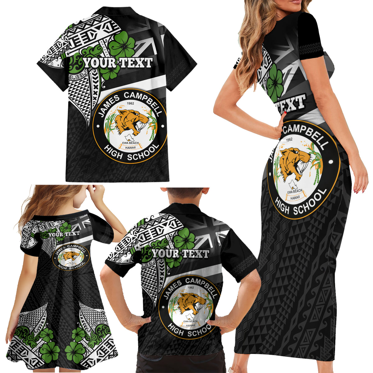 Hawaii James Campbell High School Family Matching Short Sleeve Bodycon Dress and Hawaiian Shirt Kakau Pattern Black Version LT03 - Polynesian Pride