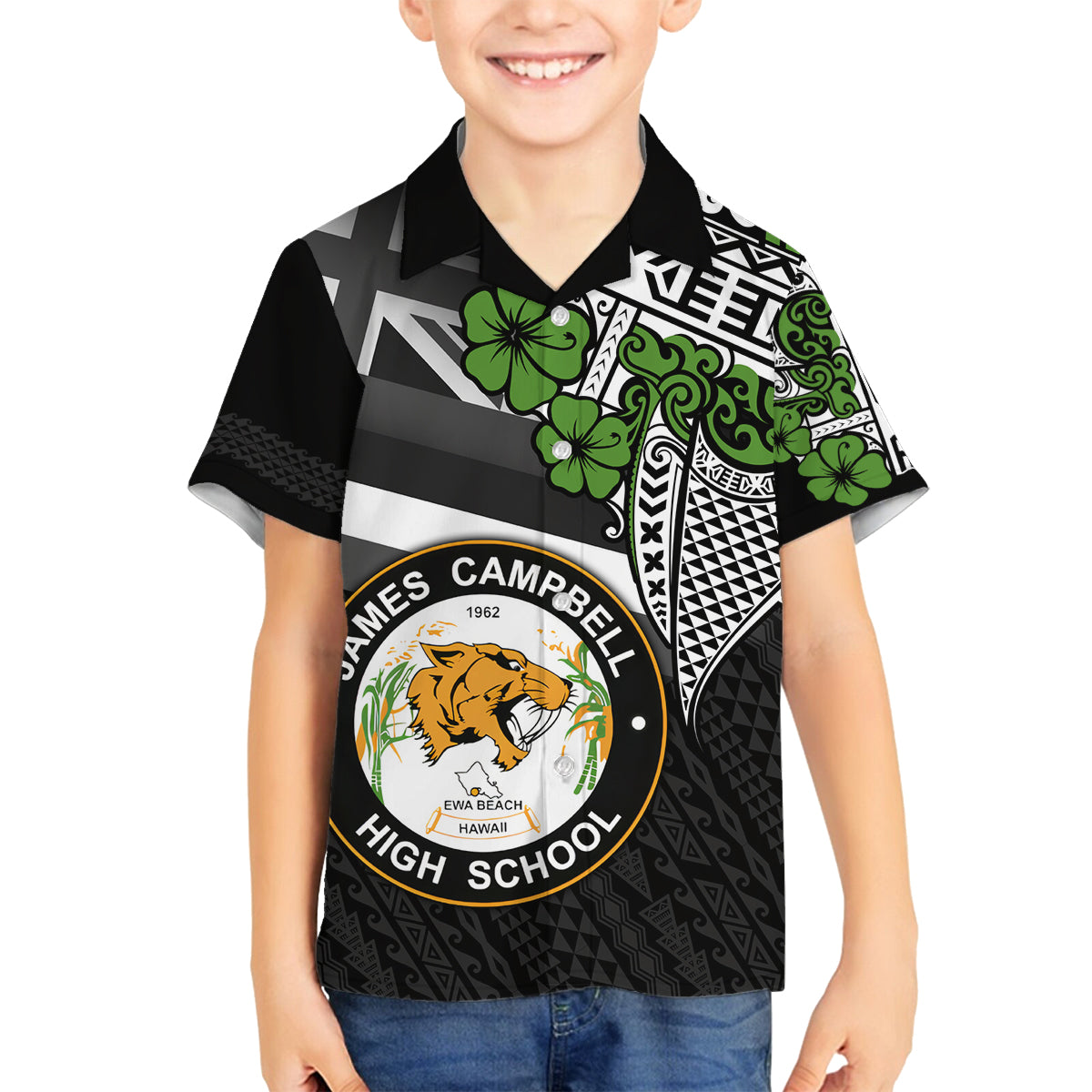 Hawaii James Campbell High School Family Matching Tank Maxi Dress and Hawaiian Shirt Kakau Pattern Black Version LT03 Son's Shirt Black - Polynesian Pride