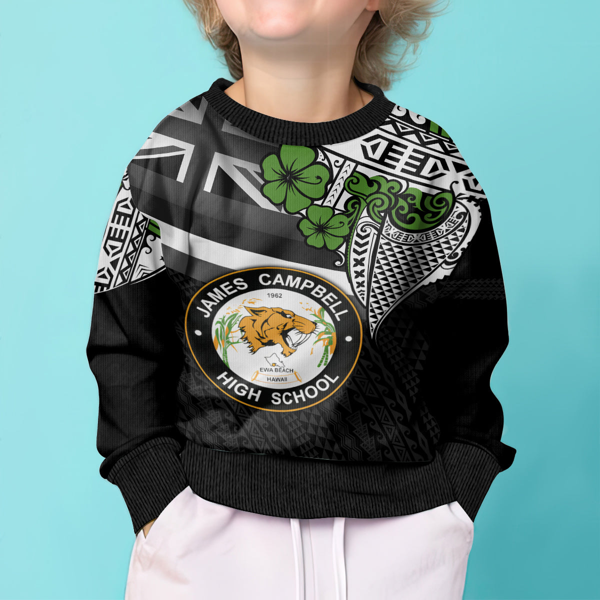 Hawaii James Campbell High School Kid Ugly Christmas Sweater Kakau Pattern Black Version LT03 - Polynesian Pride